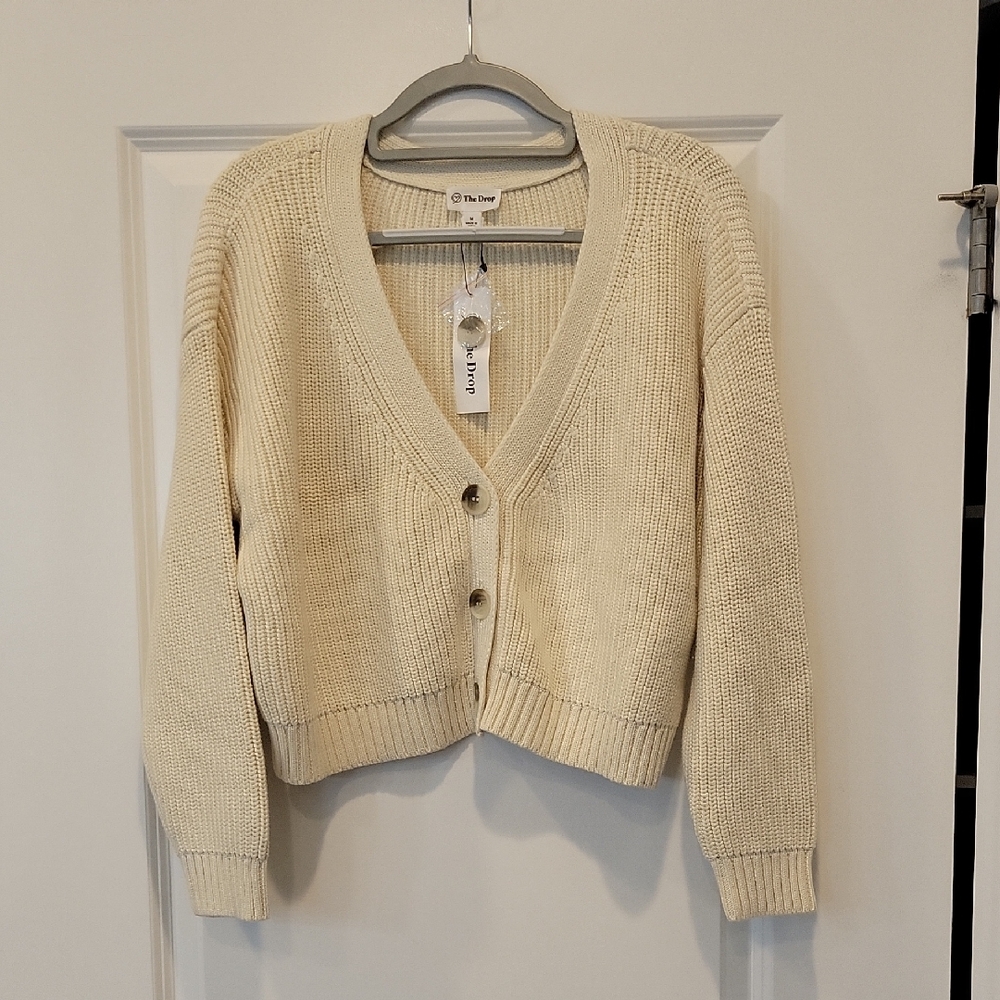 NWT The Drop Sari Cardigan Chunky Buttons V-Neck In Ivory Size Medium